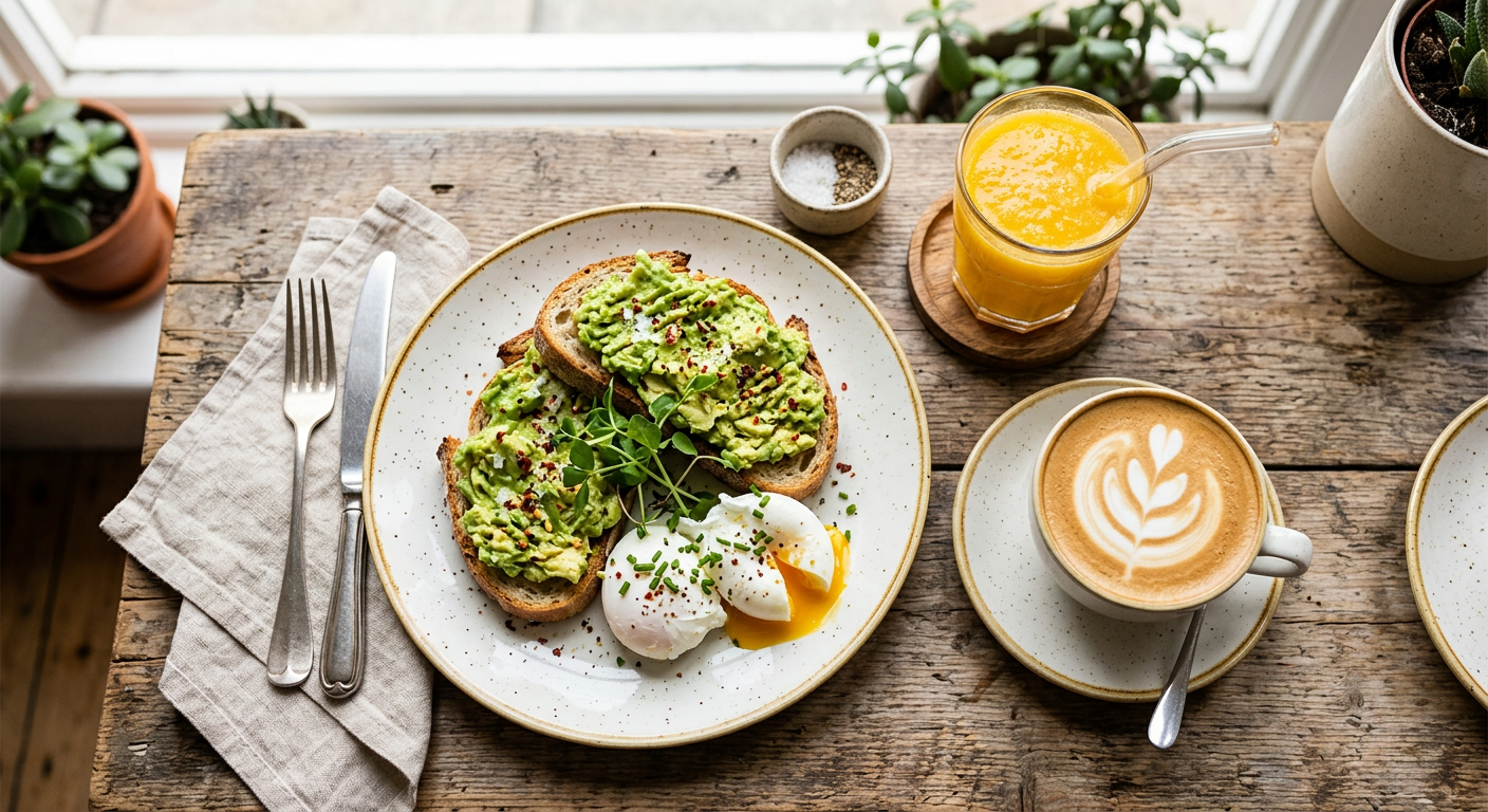 Eggs on toast with avocado, a flat white coffee and fresh orange juice on a wooden table