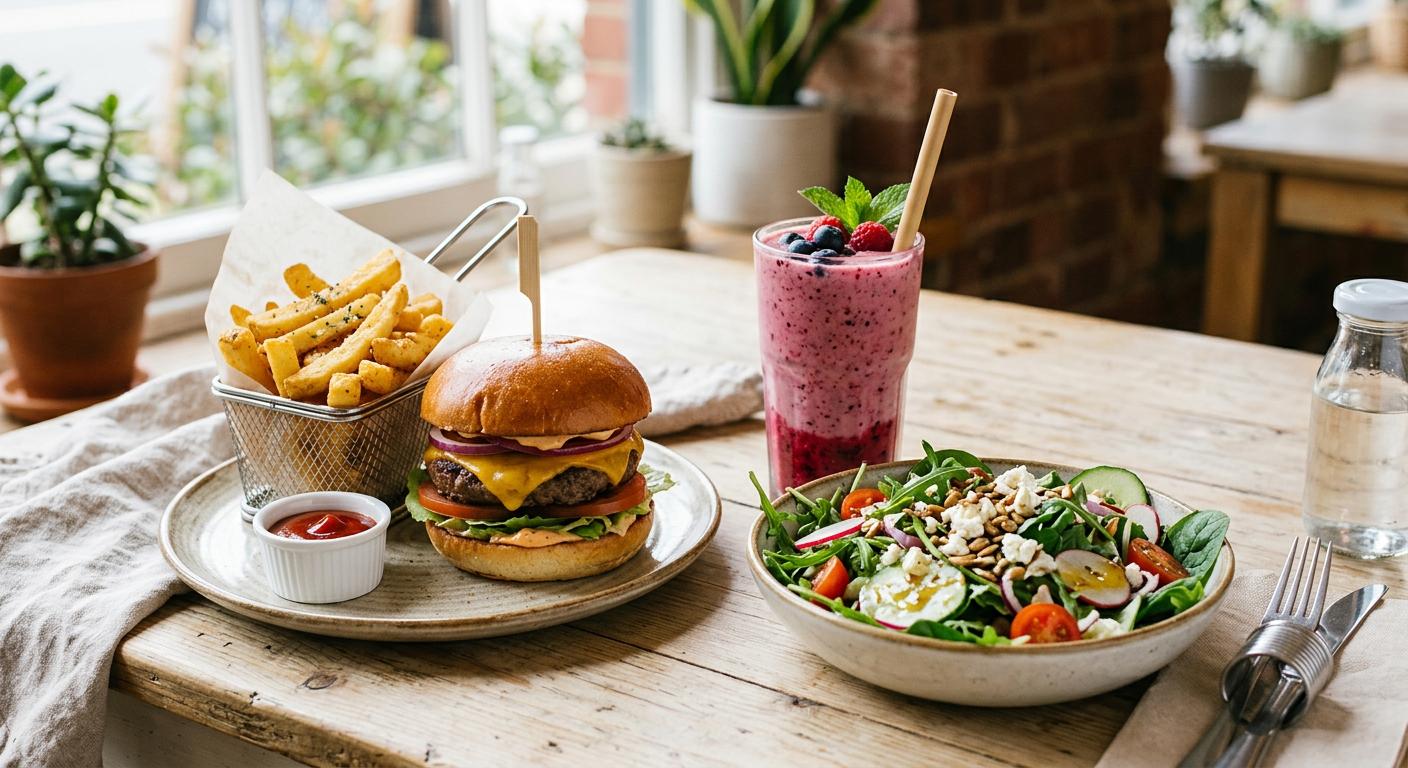 A burger with fries, a colourful smoothie and a fresh salad bowl on a wooden table