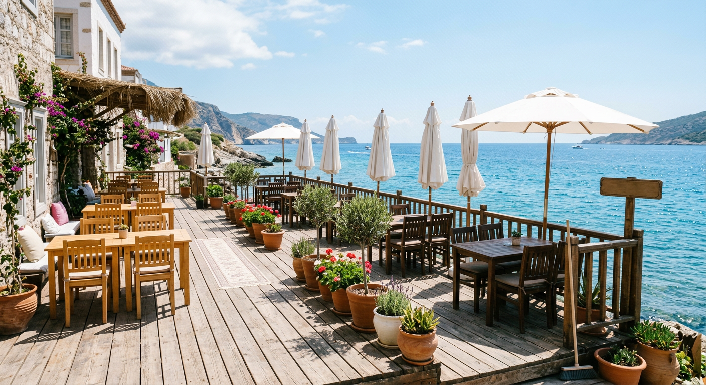 Sunny timber outdoor deck with tables, chairs and umbrellas overlooking the sea